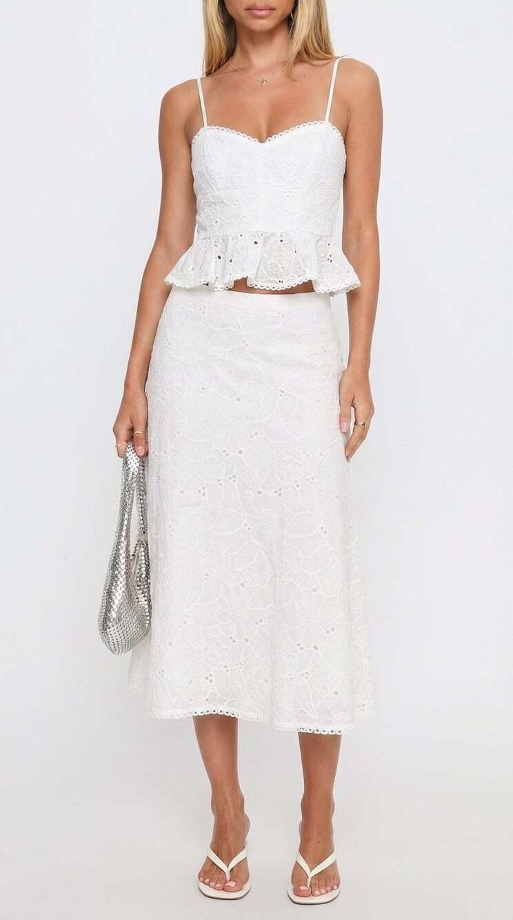 BCBGMAXAZRIA Embroidered Eyelet Peplum Cami and Midi Skirt Two-Piece Set